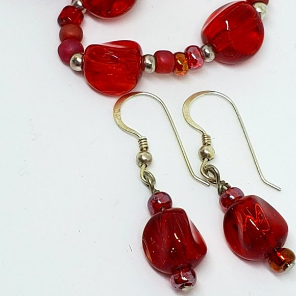 Bold Ruby Red Glass Bead Stretch Bracelet & Dangle Earrings in Sterling Silver - Picture 5 of 8